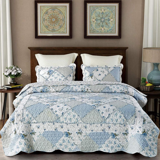 Blue Floral Patchwork Quilt Set, Full Queen Size, 3 Piece Bedding Set with 2 Pillowcases | Blue Patchwork Quilt, Queen Size Bedspread, Reversible Quilt Set, Floral Quilt Set, Patchwork Quilt Set, Queen Comforter Set
