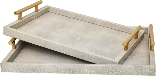 Modern Decorative Tray Set of 2 Ivory Shagreen Leather and Wood Serving Tray with Gold Polished Metal Handles for Ottoman, Coffee Table, Bathroom and More