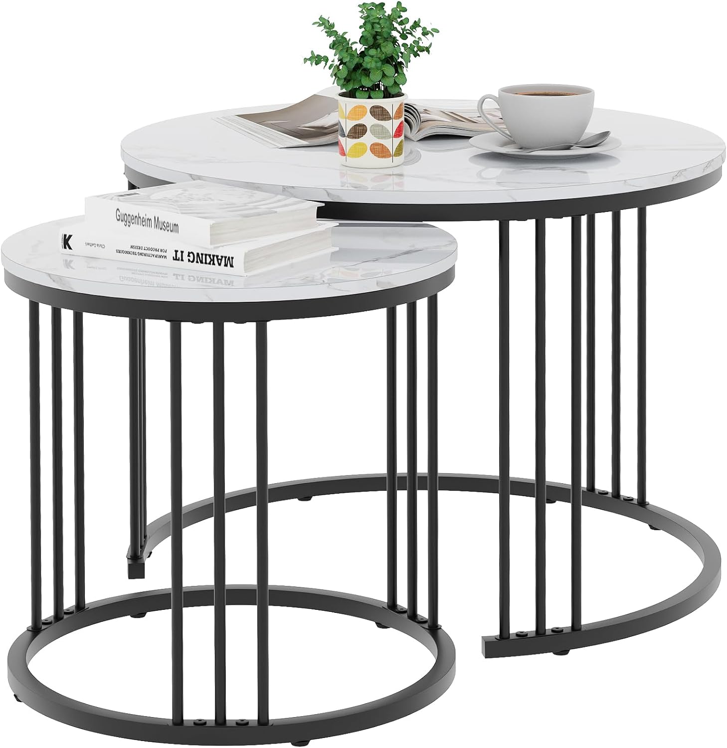 Garden 4 you Coffee Table Faux Marble Nesting Table for Small Place 2 Sets Modern Furniture Living Room Sets End Side Table Night Stand for Bed Room Dining Room (White & Gold)