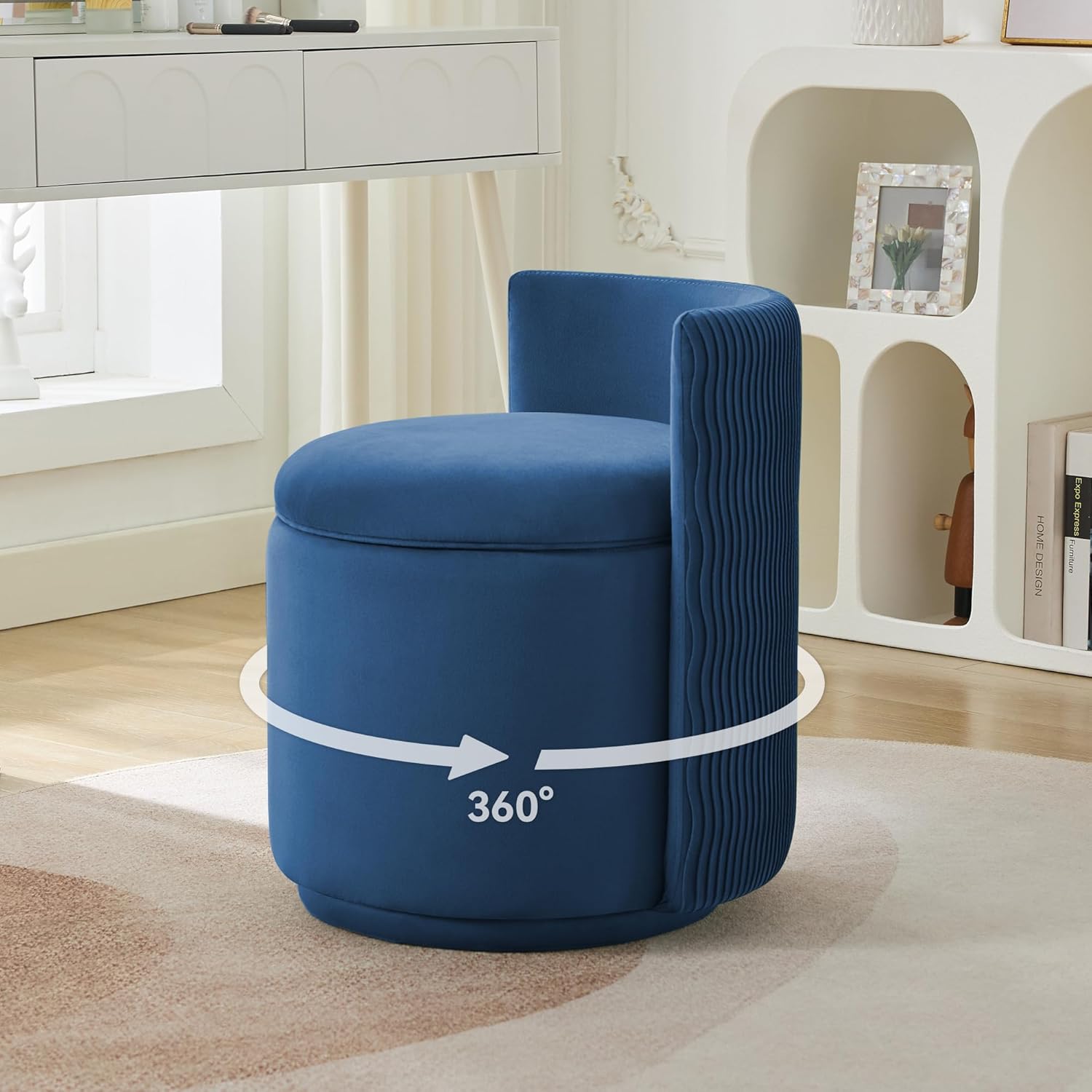Velvet Vanity Chair with Storage, 360° Swivel Makeup Chair with Wave Back, No Assembly Small Accent Stool for Bedroom, Dressing, Living Room, White