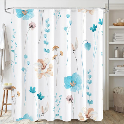 Watercolor Floral Shower Curtain, Sage Green Beige Flower Shower Curtain for Bathroom, Modern Minimalist White Waterproof Fabric Shower Curtain Set 72x72 Inch