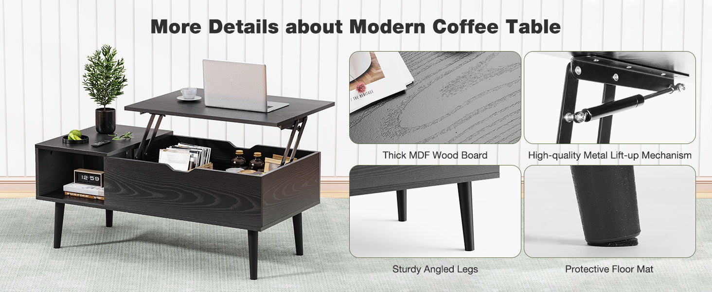 OLIXIS Wood Lift Top Coffee Table with Hidden Compartment and Large Storage Shelf, Lift Tabletop Dining Center Table for Home Living Room Office, Black
