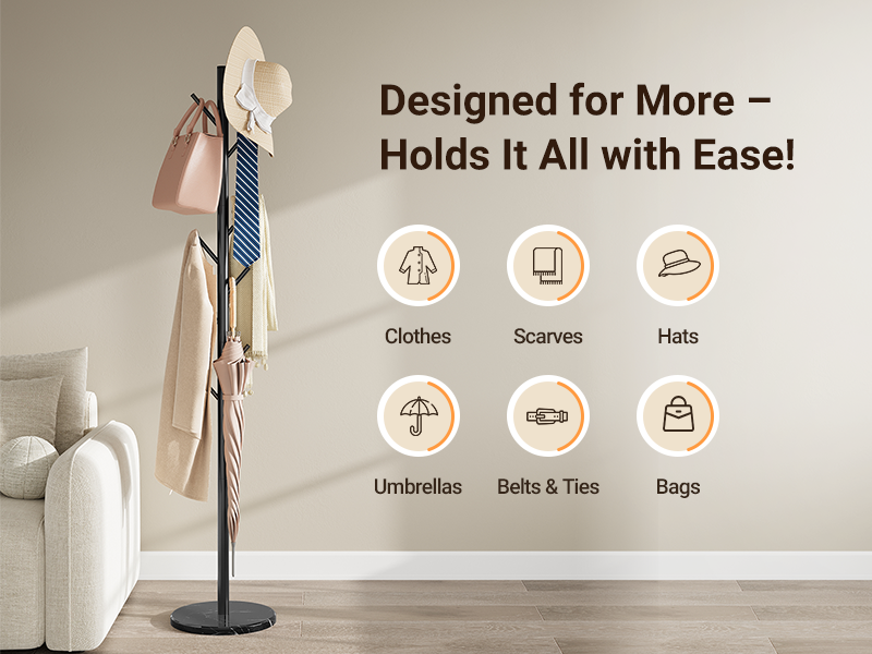 Coat Rack Freestanding with Natural Marble Base, Metal Coat Rack Stand with 10 Hooks, 3 Adjustable Size Coat Tree for Bags, Clothes, and Hats for Entryway, Bedroom, Hallway, Office, Black