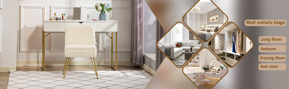 Vanity Chair with Storage, Comfy Ottoman with Folding Back, Faux Fur Vanity Stool with 4 Metal Legs for Make Up, Furry Padded Seat with Anti-Slip Feet for Bedroom Dressing Room