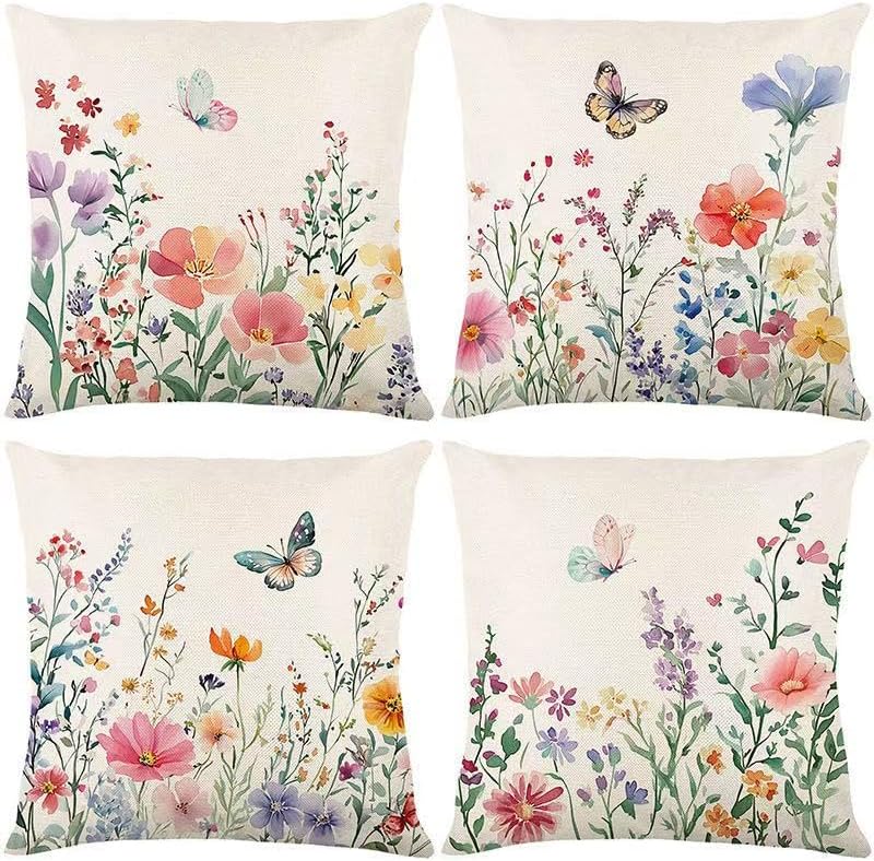 wyooxoo Throw Pillow Covers 18x18 Set of 4 Decorative Spring Pillow Covers Linen Flower Butterfly Farmhouse Pillowcases for Sofa Couch Living Room Outdoor
