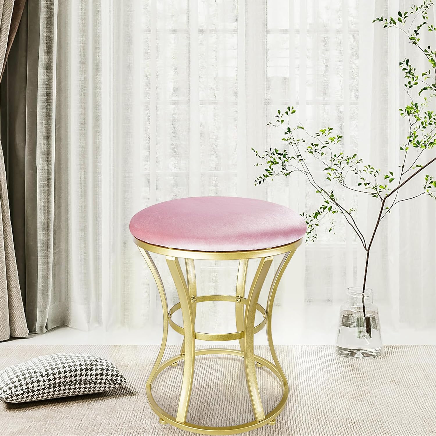 Velvet Round Vanity Stool,Pink Velvet Footrest Ottoman Foot Stool Seat with Golden Metal Legs,Makeup Chair for Bathroom Vanity,Bedroom,Living Room